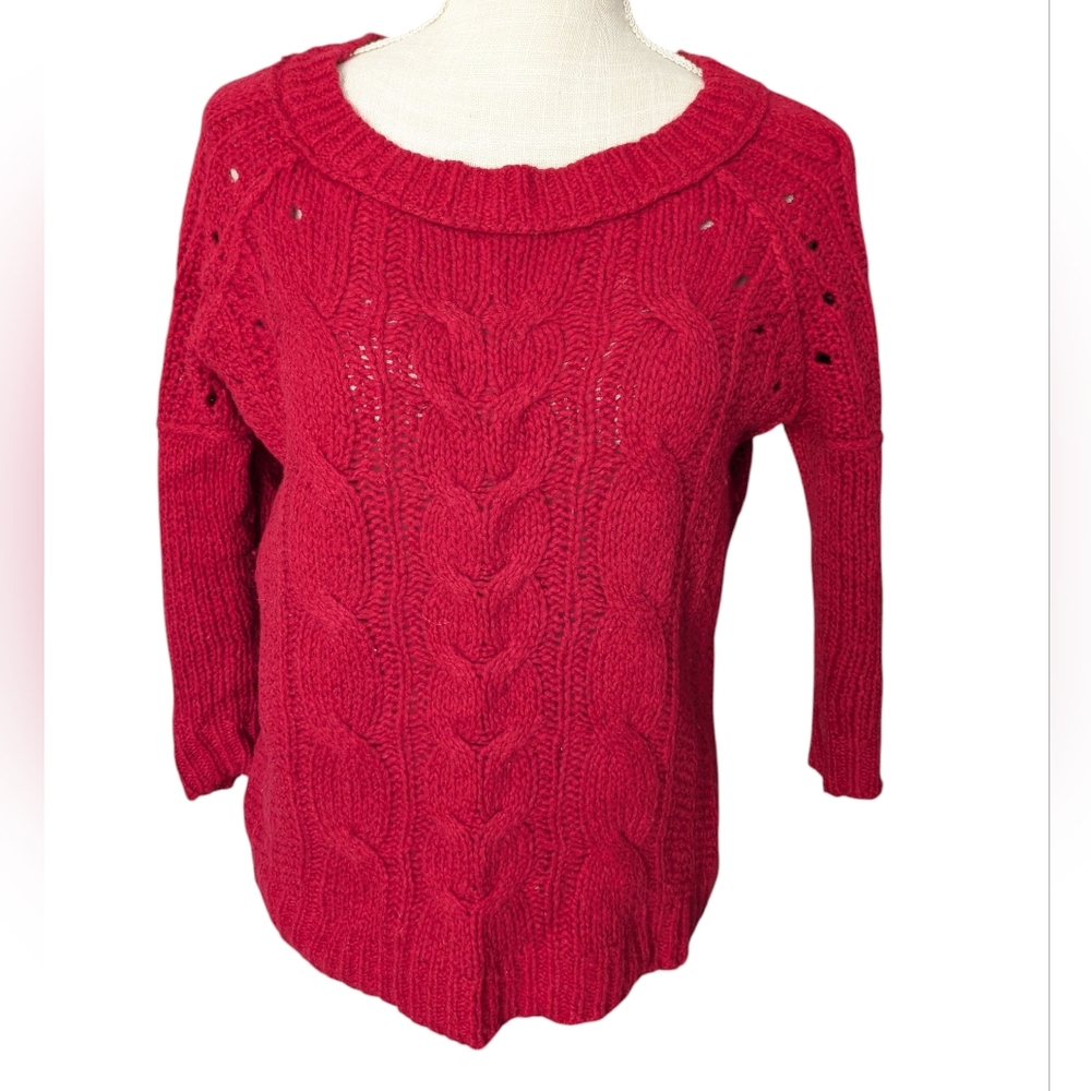 Ann Taylor Loft Sweater Womens M Red Cable Knit‎ Wool Blend 3/4 Sleeves